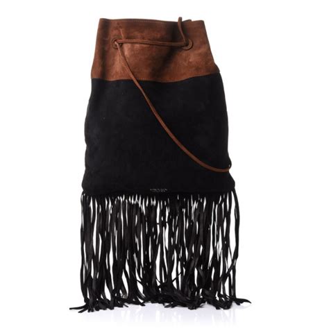 PRADA Camoscio Fringe Shoulder Bag Black Cacao